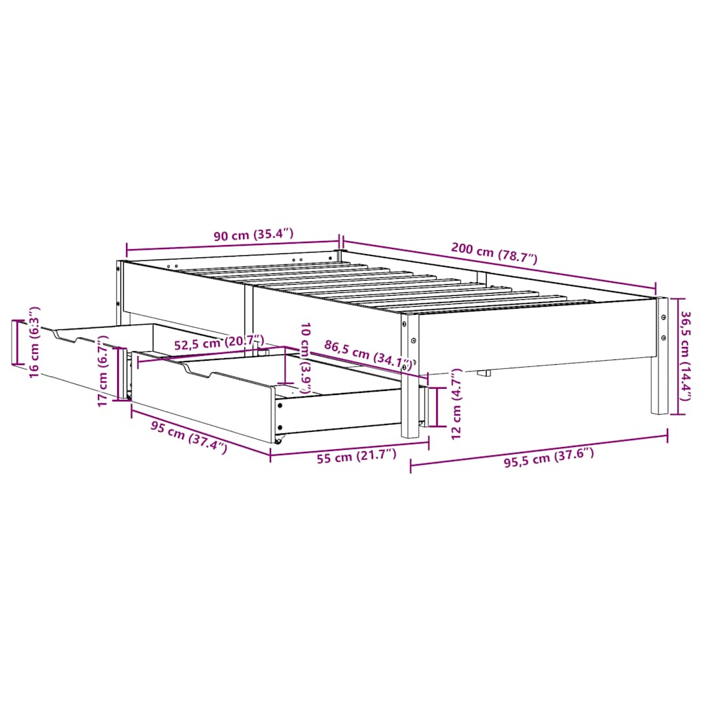 sengeramme uden madras 90x200 cm massivt fyrretræ hvid