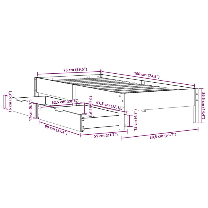 sengeramme uden madras 75x190 cm massivt fyrretræ