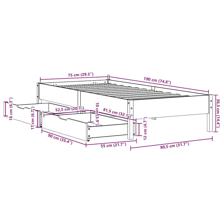 sengeramme uden madras 75x190 cm massivt fyrretræ hvid