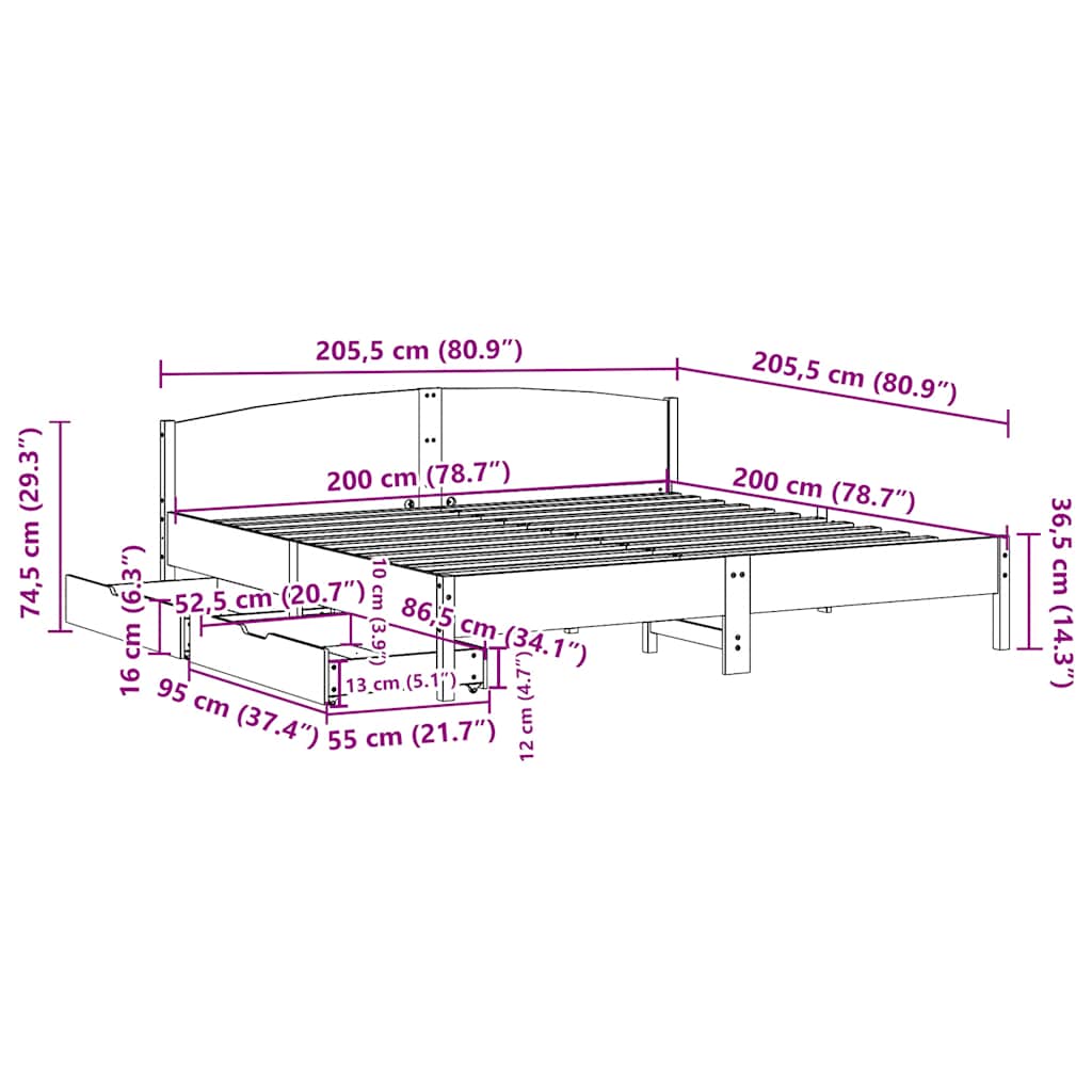 sengeramme uden madras 200x200 cm massivt fyrretræ