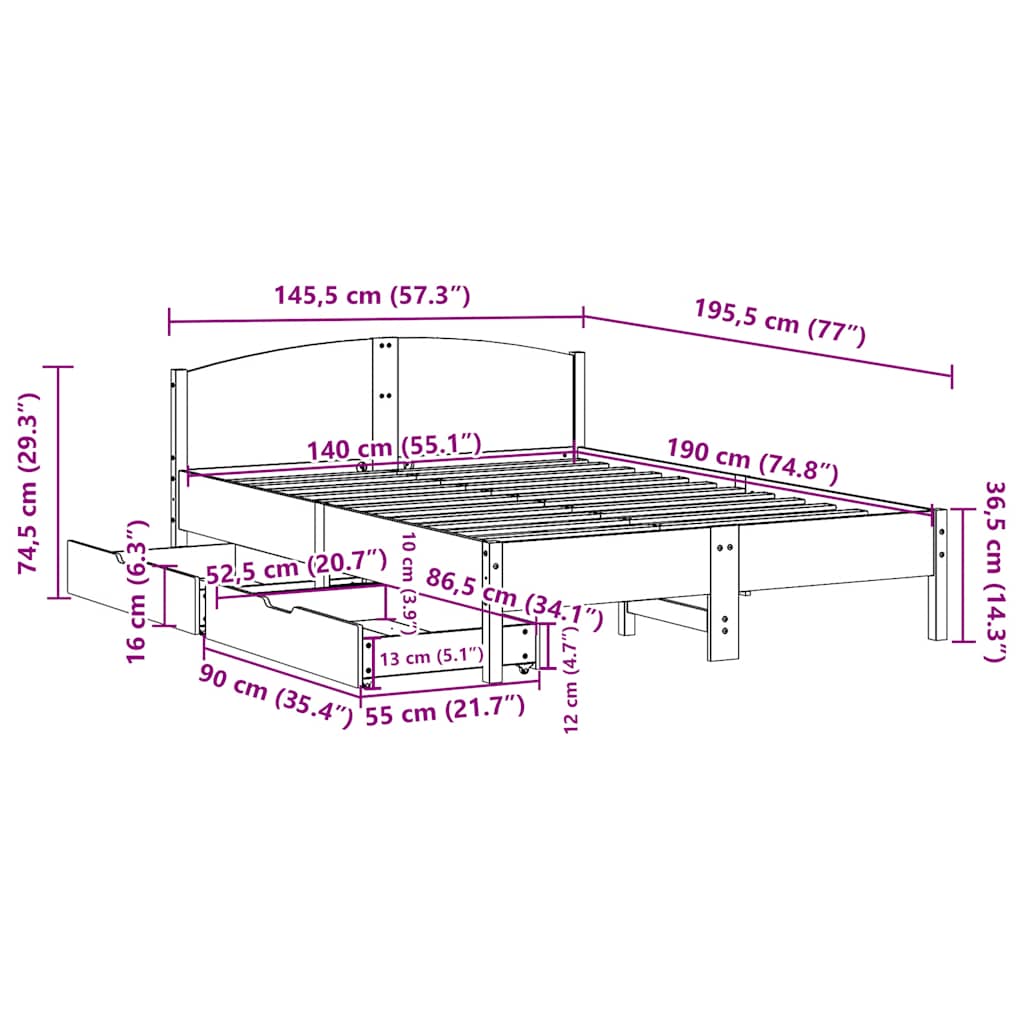 sengeramme uden madras 140x190 cm massivt fyrretræ