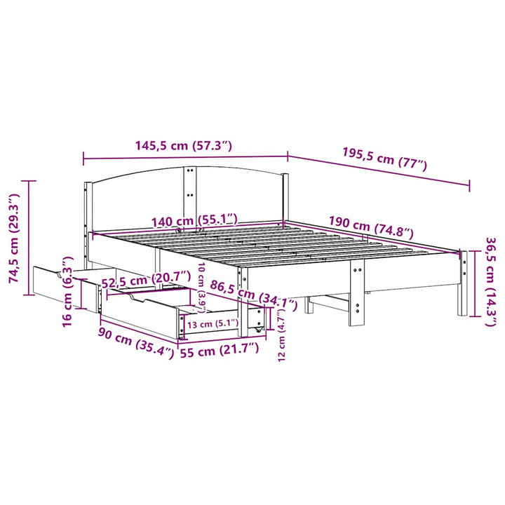 sengeramme uden madras 140x190 cm massivt fyrretræ
