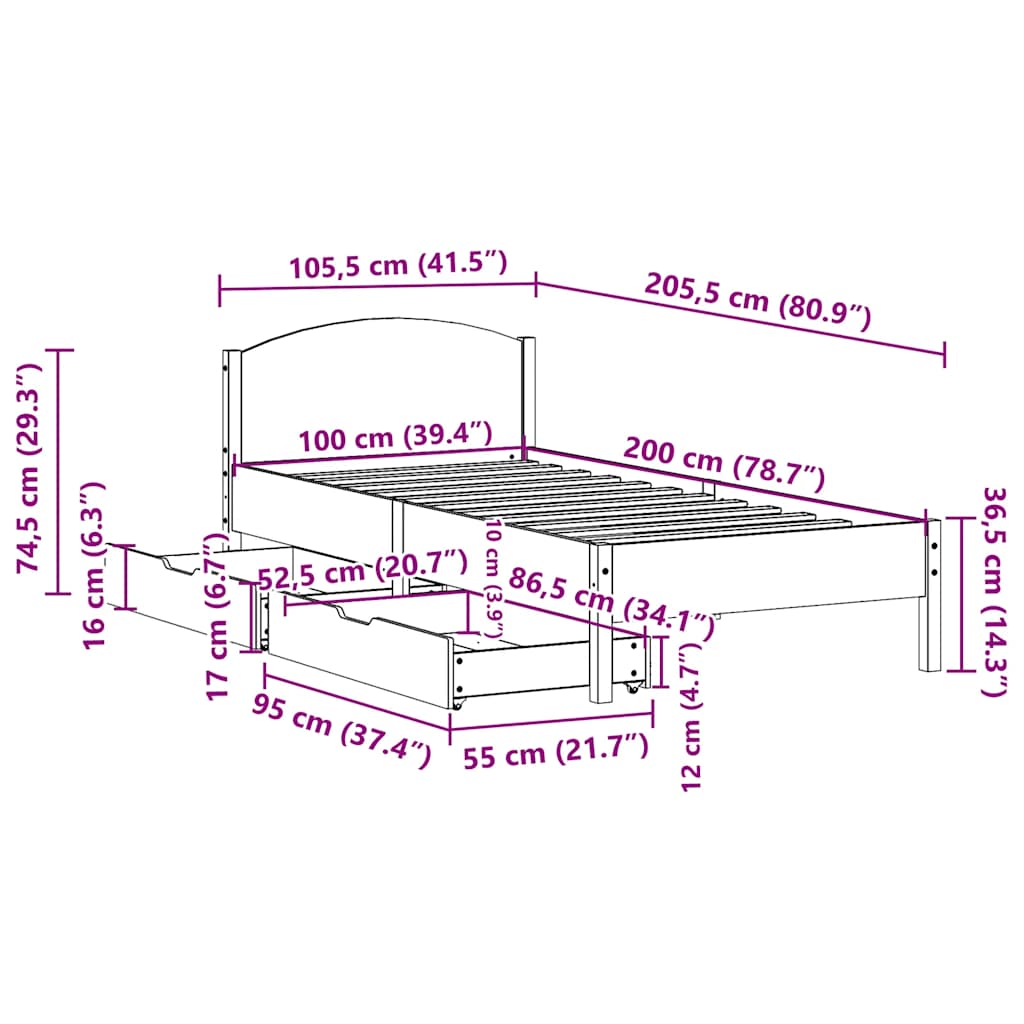 sengeramme uden madras 100x200 cm massivt fyrretræ