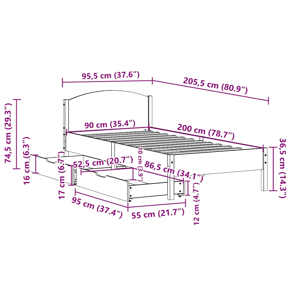 sengeramme uden madras 90x200 cm massivt fyrretræ gyldenbrun