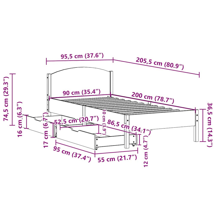 sengeramme uden madras 90x200 cm massivt fyrretræ gyldenbrun