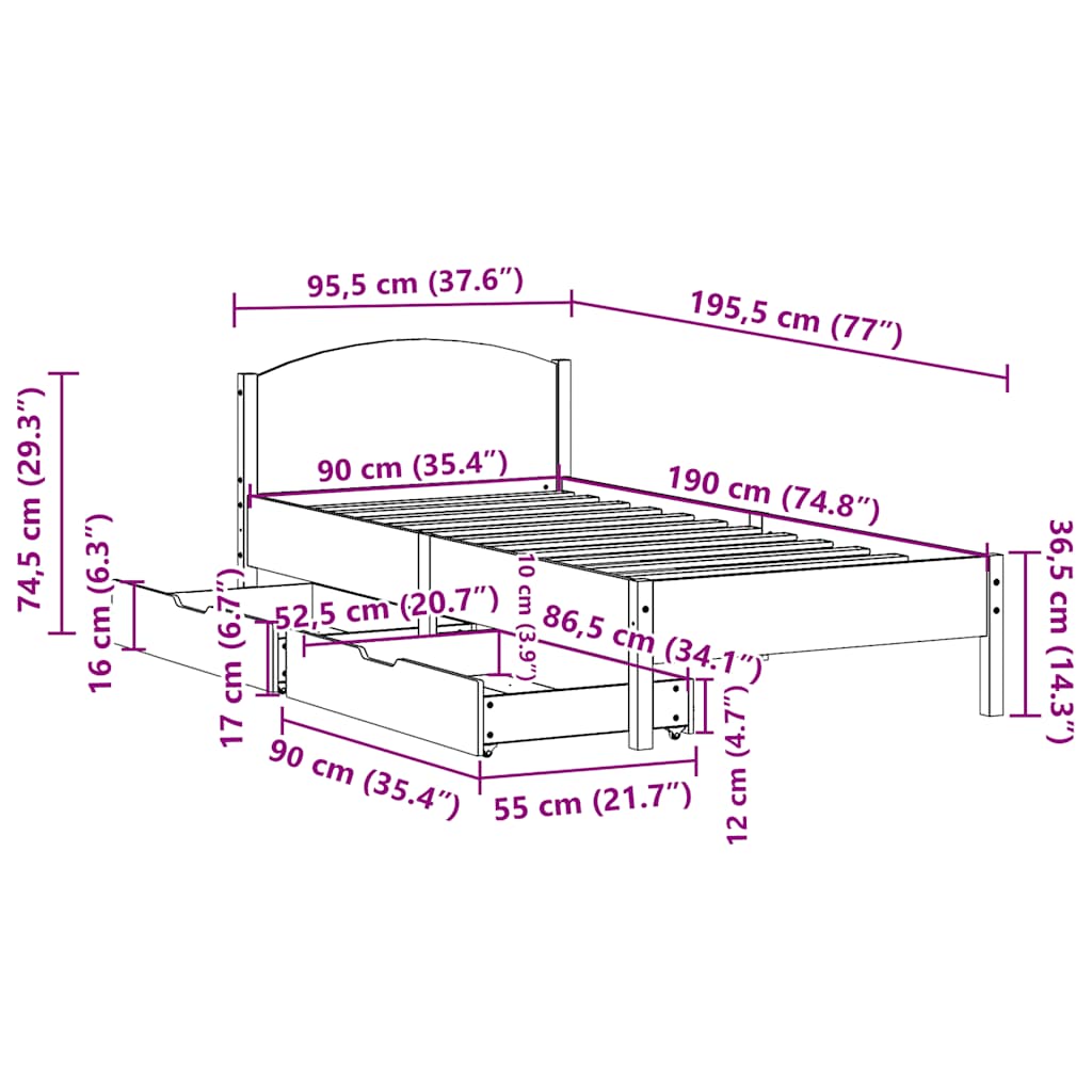 sengeramme uden madras 90x190 cm massivt fyrretræ gyldenbrun