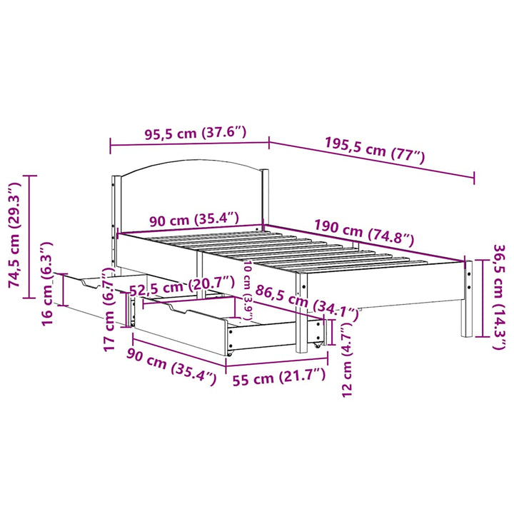 sengeramme uden madras 90x190 cm massivt fyrretræ gyldenbrun