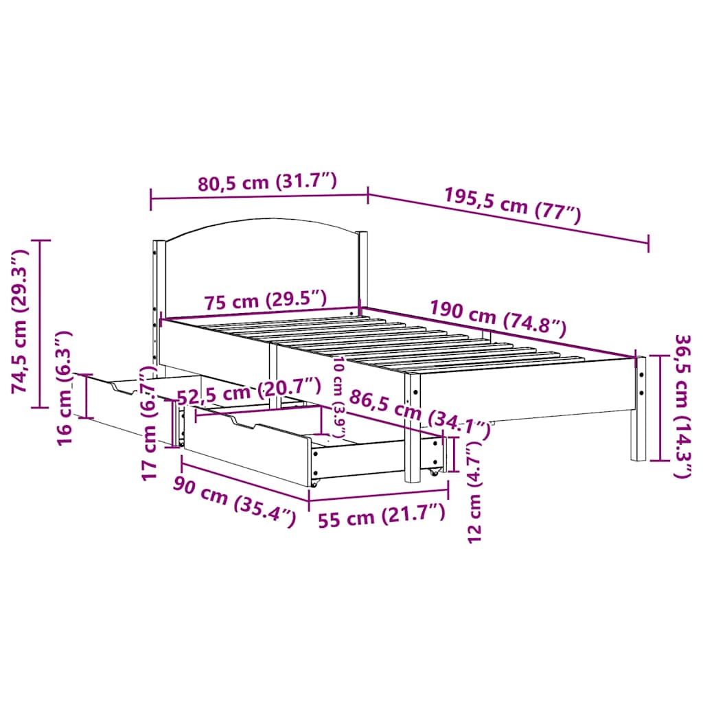 sengeramme uden madras 75x190 cm massivt fyrretræ
