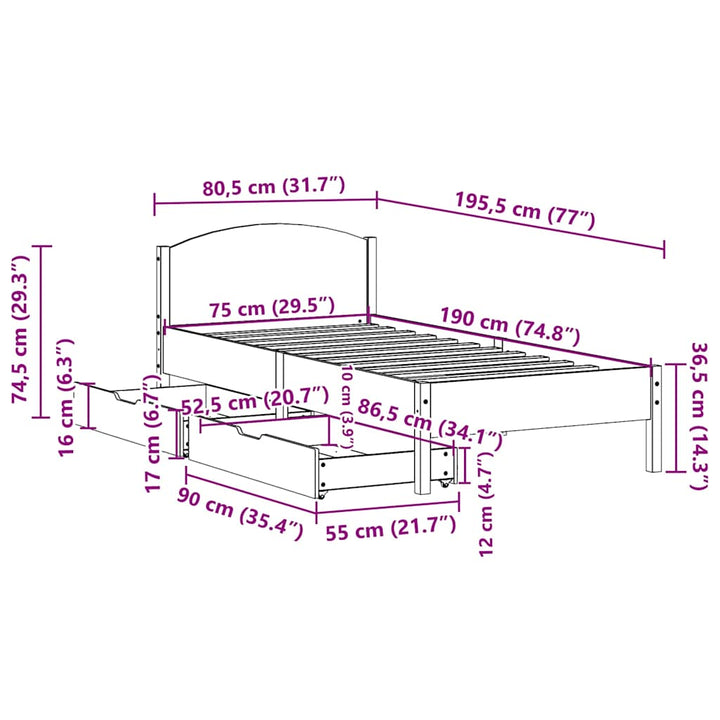 sengeramme uden madras 75x190 cm massivt fyrretræ