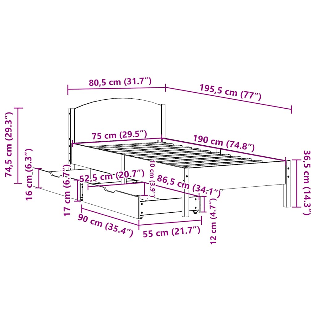 sengeramme uden madras 75x190 cm massivt fyrretræ hvid