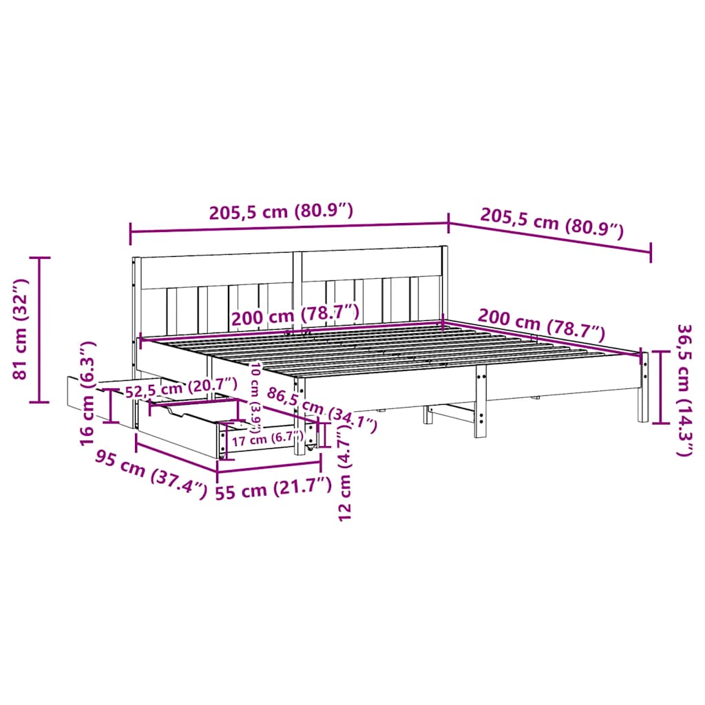sengeramme uden madras 200x200 cm massivt fyrretræ hvid