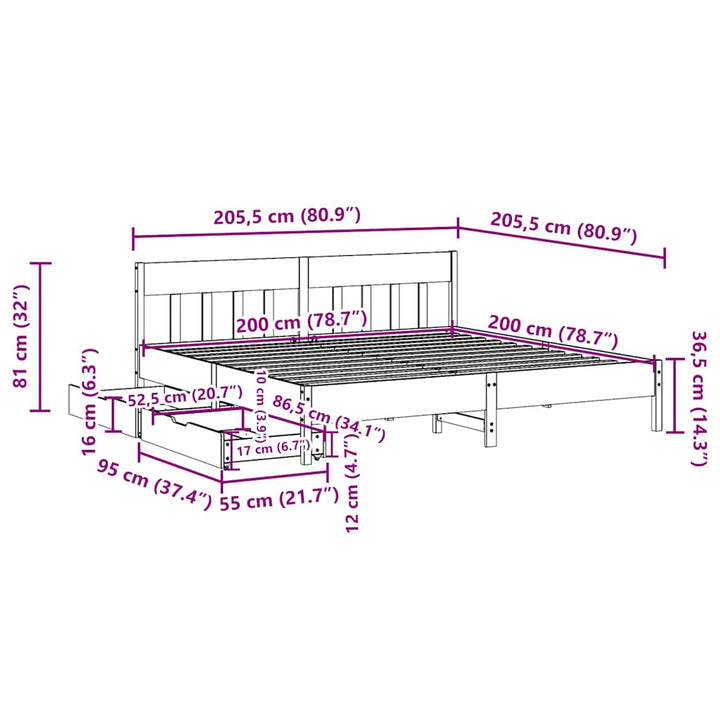 sengeramme uden madras 200x200 cm massivt fyrretræ hvid