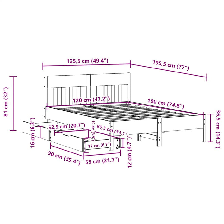 sengeramme uden madras 120x190 cm massivt fyrretræ hvid