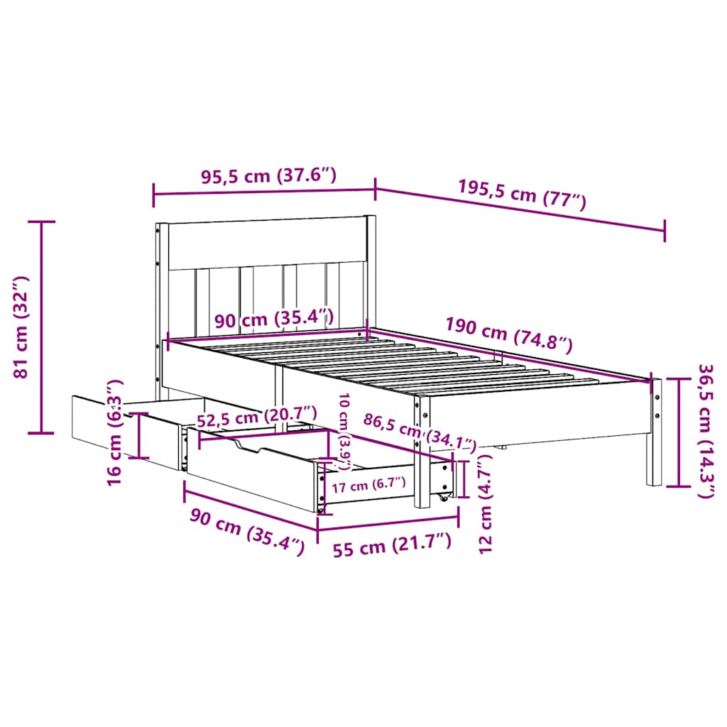 sengeramme uden madras 90x190 cm massivt fyrretræ