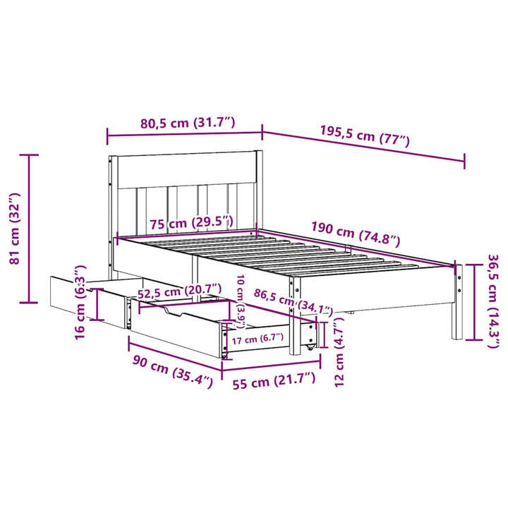 sengeramme uden madras 75x190 cm massivt fyrretræ