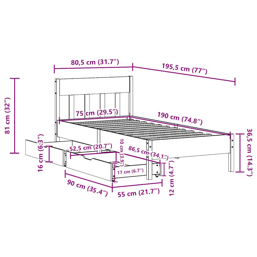 sengeramme uden madras 75x190 cm massivt fyrretræ hvid