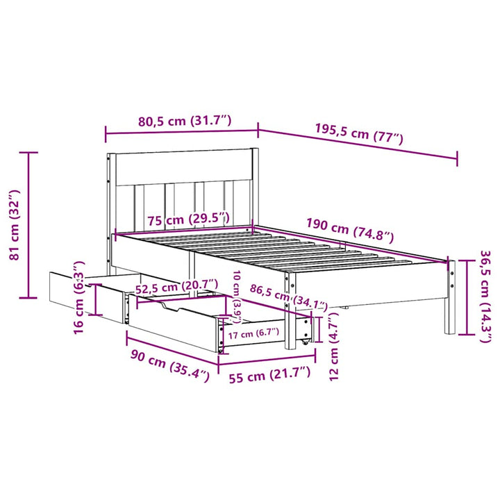 sengeramme uden madras 75x190 cm massivt fyrretræ hvid