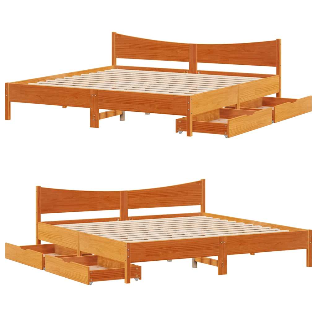 sengeramme med skuffer 200x200 cm massivt fyrretræ gyldenbrun