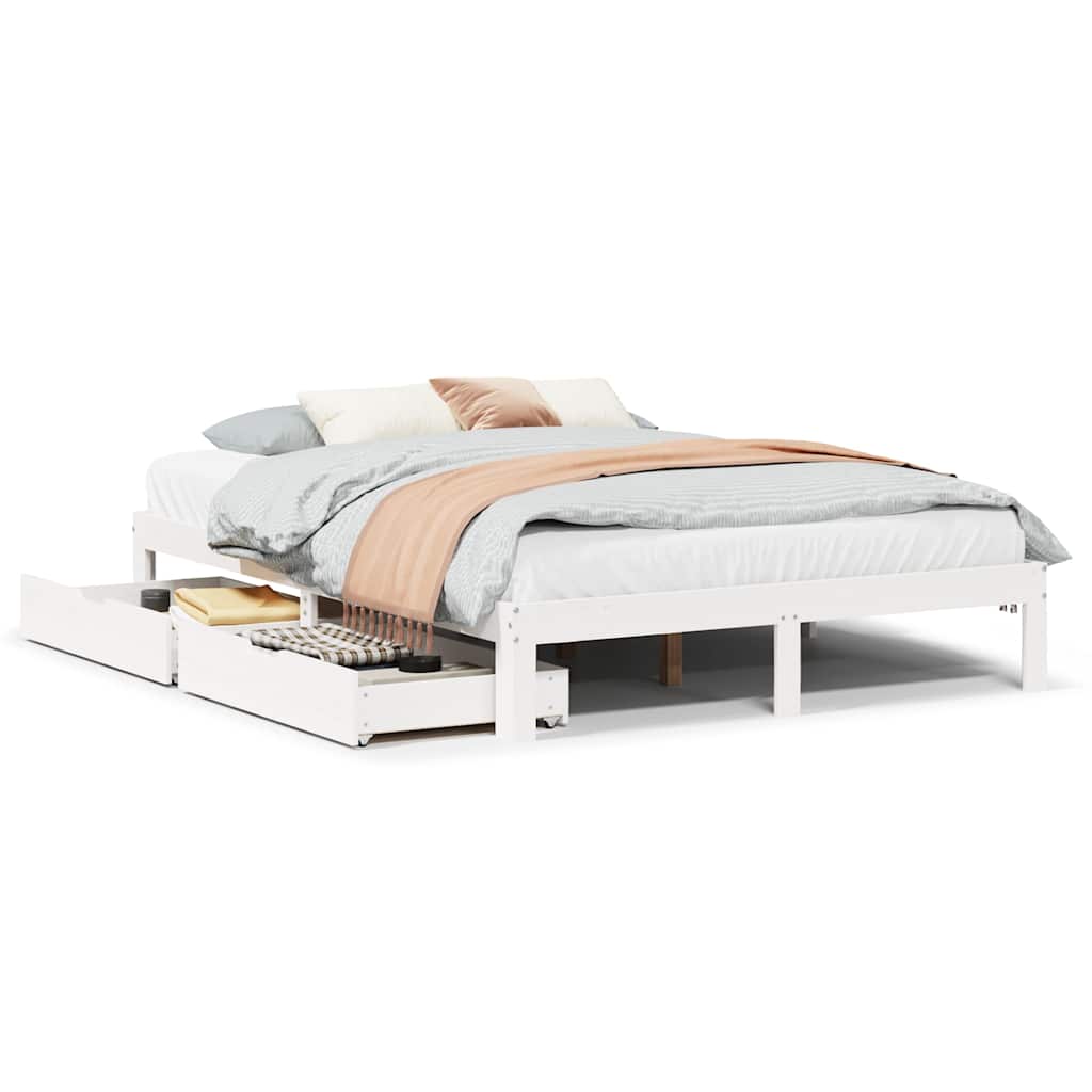 sengeramme med skuffer 150x200 cm massivt fyrretræ hvid