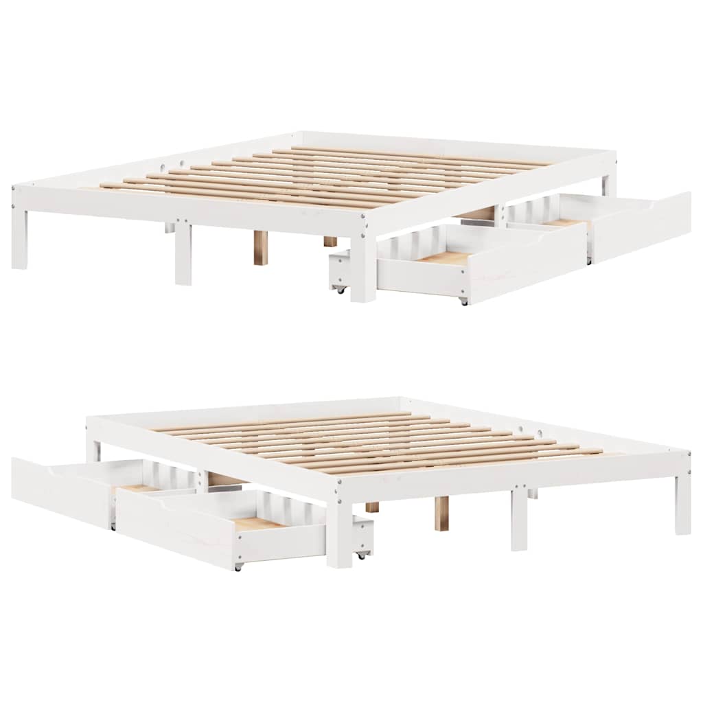 sengeramme med skuffer 150x200 cm massivt fyrretræ hvid