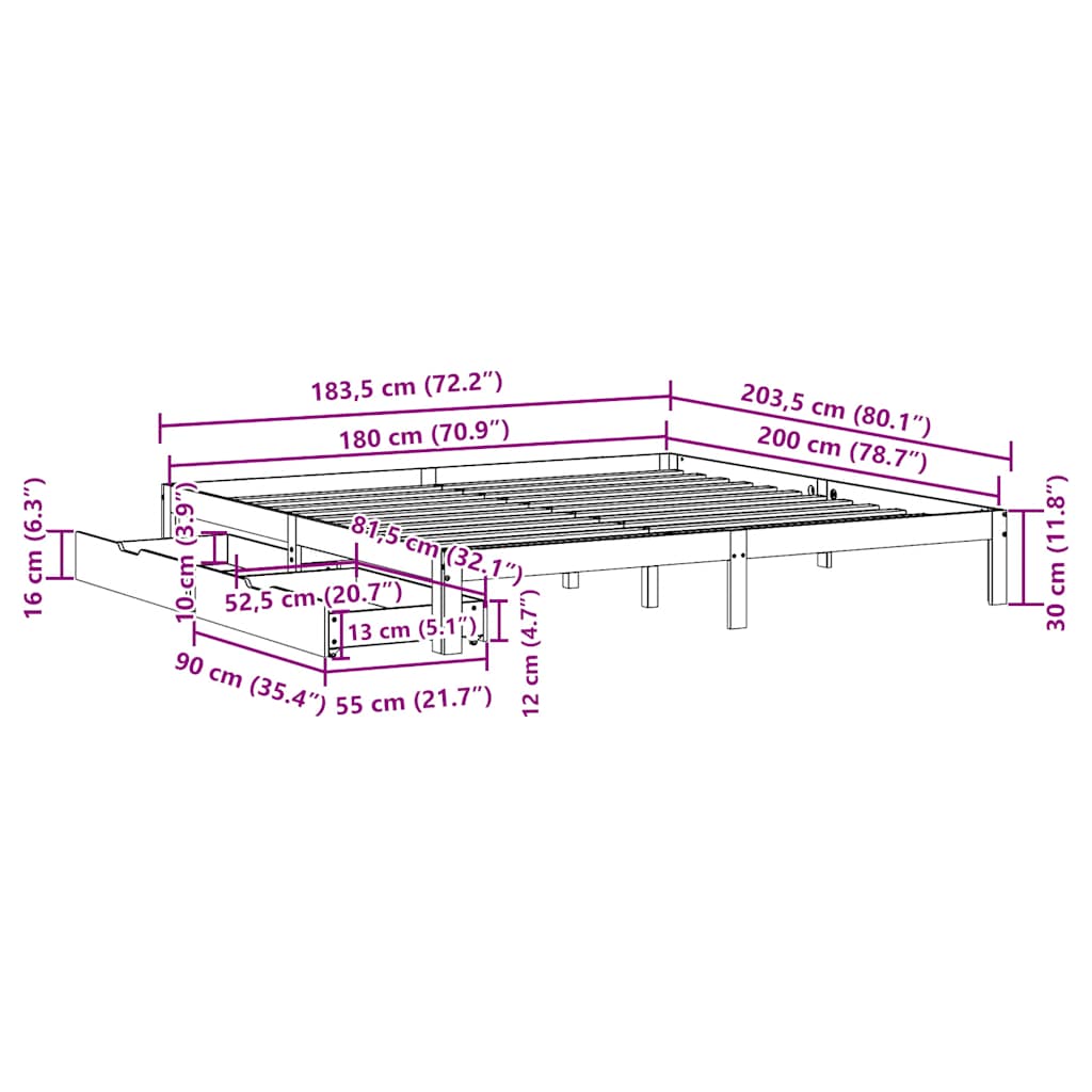 sengeramme med skuffer 180x200 cm massivt fyrretræ hvid