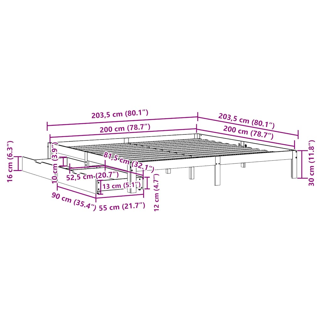 sengeramme med skuffer 200x200 cm massivt fyrretræ