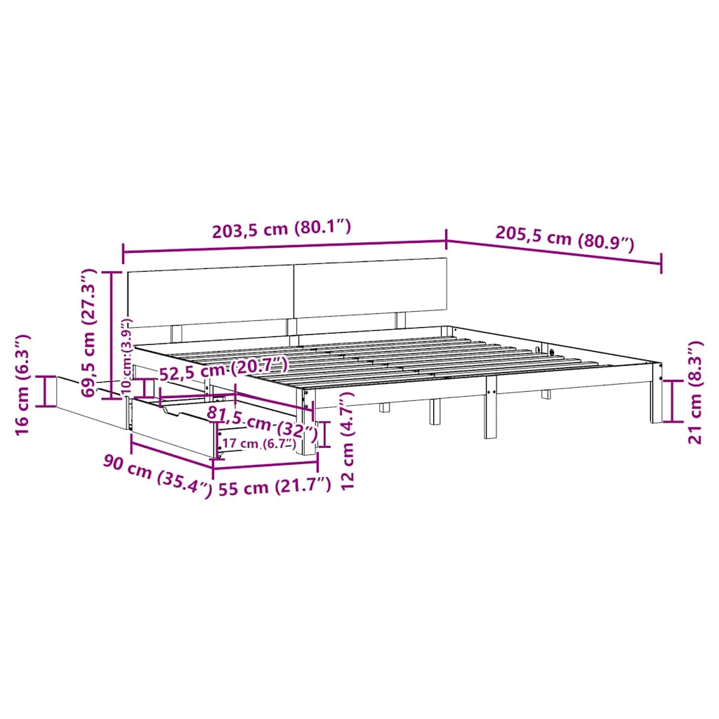sengeramme med skuffer 200x200 cm massivt fyrretræ hvid