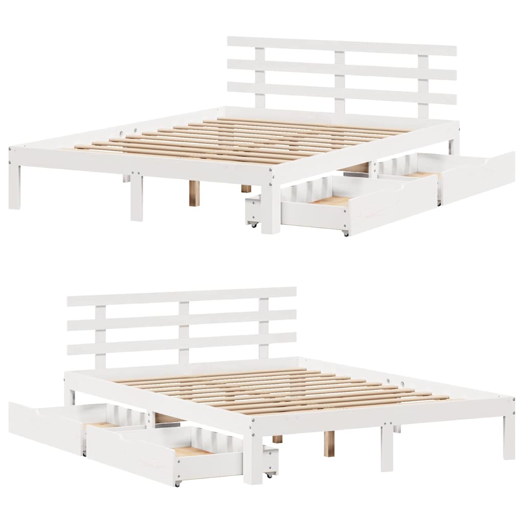 sengeramme med skuffer 135x190 cm massivt fyrretræ hvid