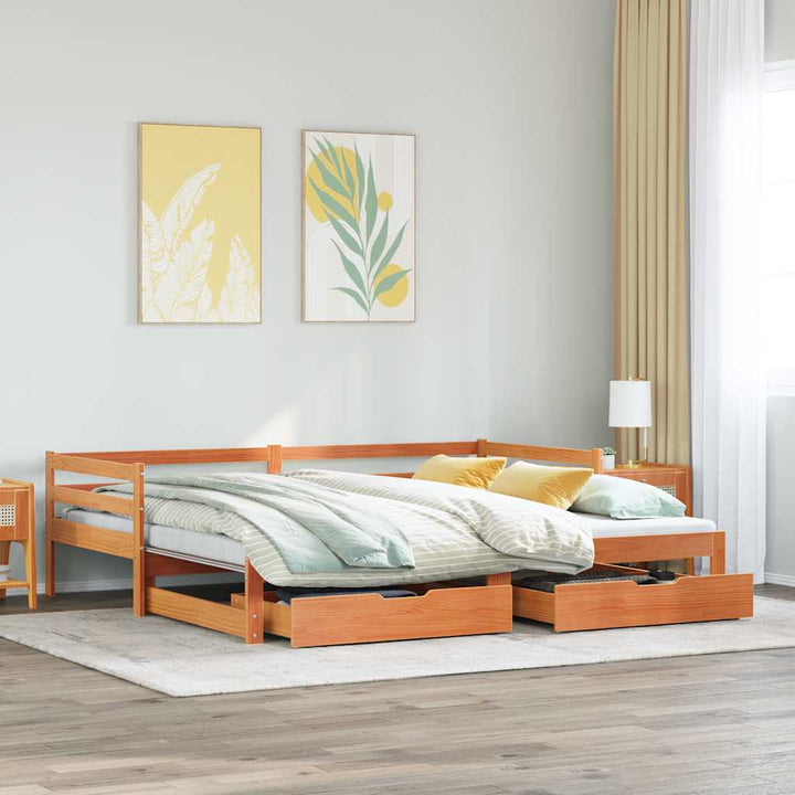 daybed med udtræk skuffer 90x200 cm massivt fyrretræ gyldenbrun