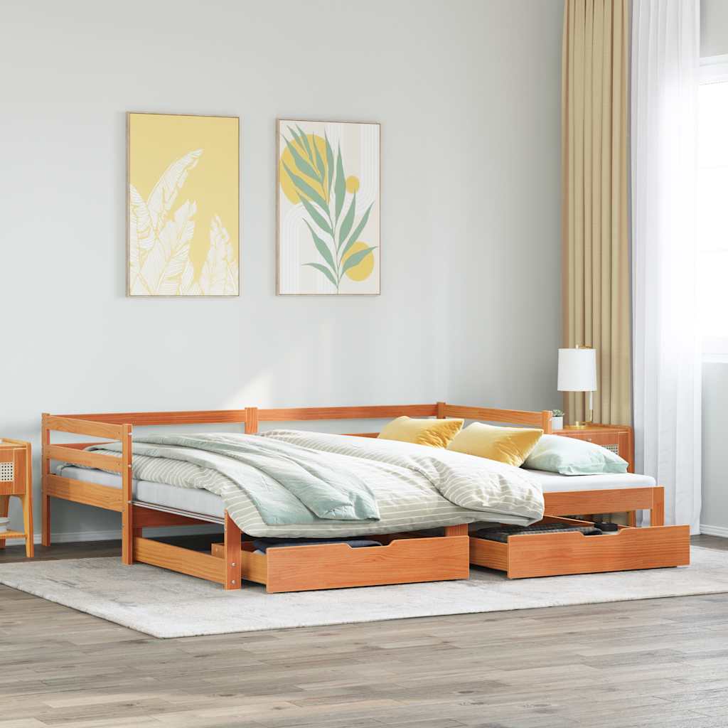daybed med udtræk skuffer 90x200 cm massivt fyrretræ gyldenbrun