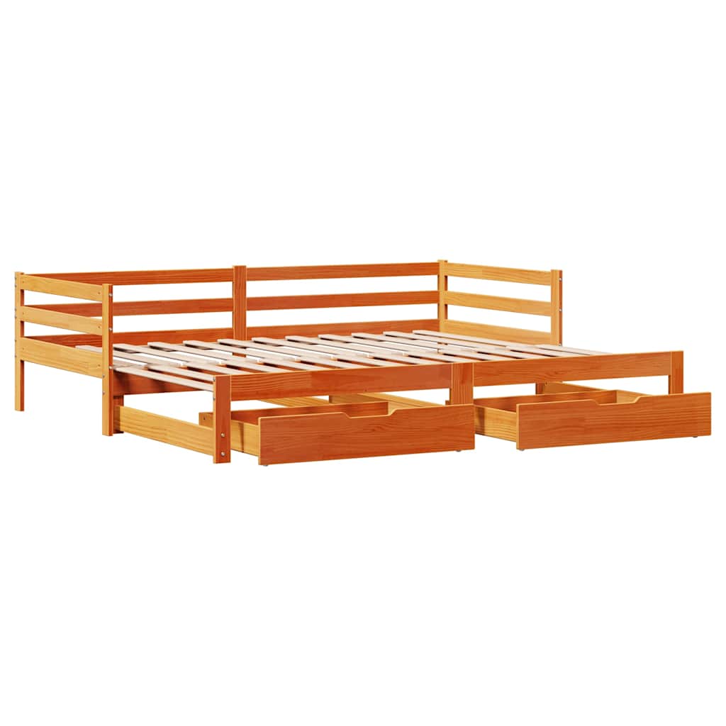 daybed med udtræk skuffer 90x190 cm massivt fyrretræ gyldenbrun