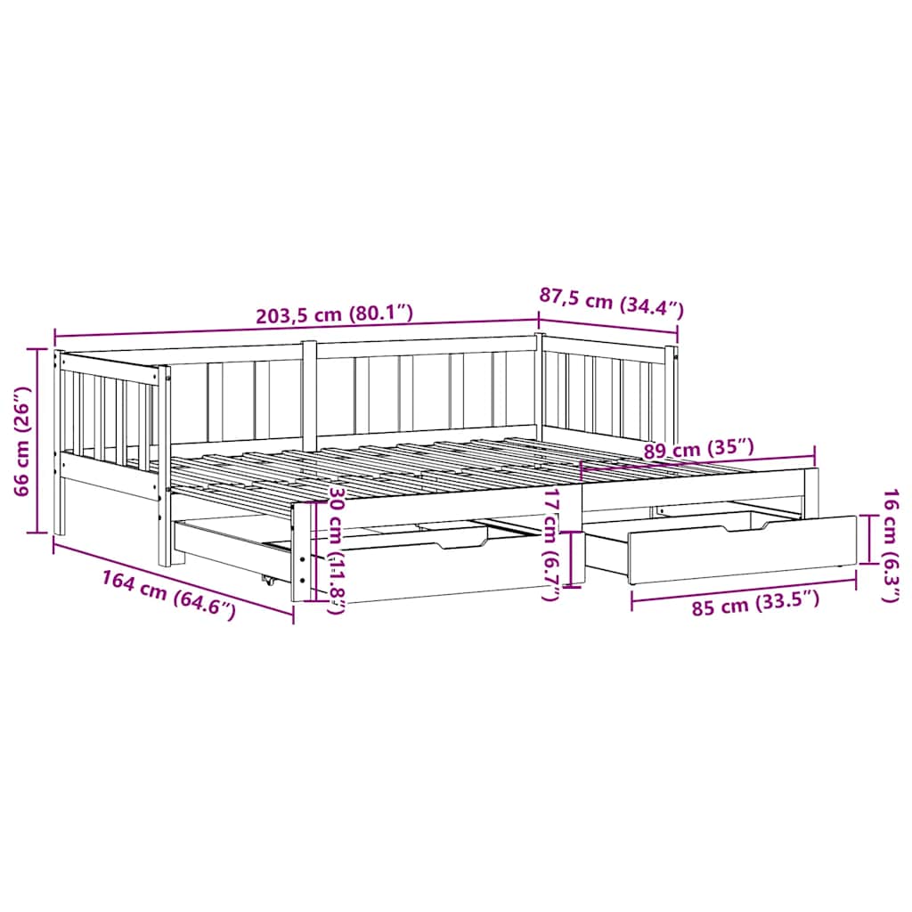 daybed med udtræk og skuffer uden madras 80x200 cm