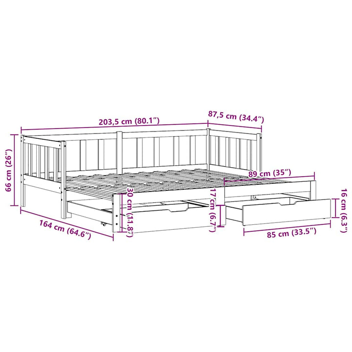 daybed med udtræk og skuffer uden madras 80x200 cm