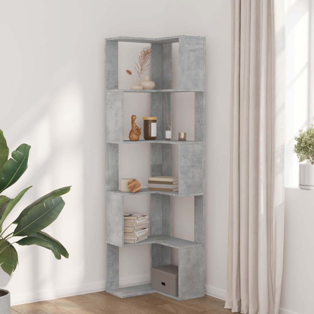 bogreol til hjørne 50x50x179cm 5hylder konstrueret træ betongrå