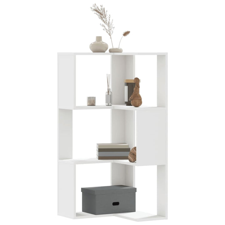 bogreol til hjørne 50x50x102 cm 3 hylder konstrueret træ hvid
