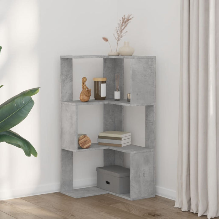 bogreol til hjørne 50x50x102cm 3hylder konstrueret træ betongrå