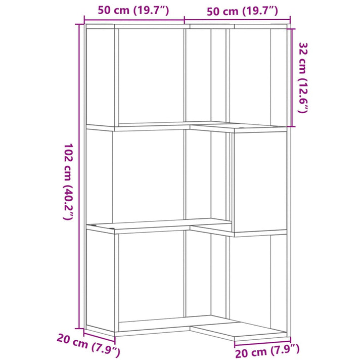 bogreol til hjørne 50x50x102cm 3hylder konstrueret træ røget eg