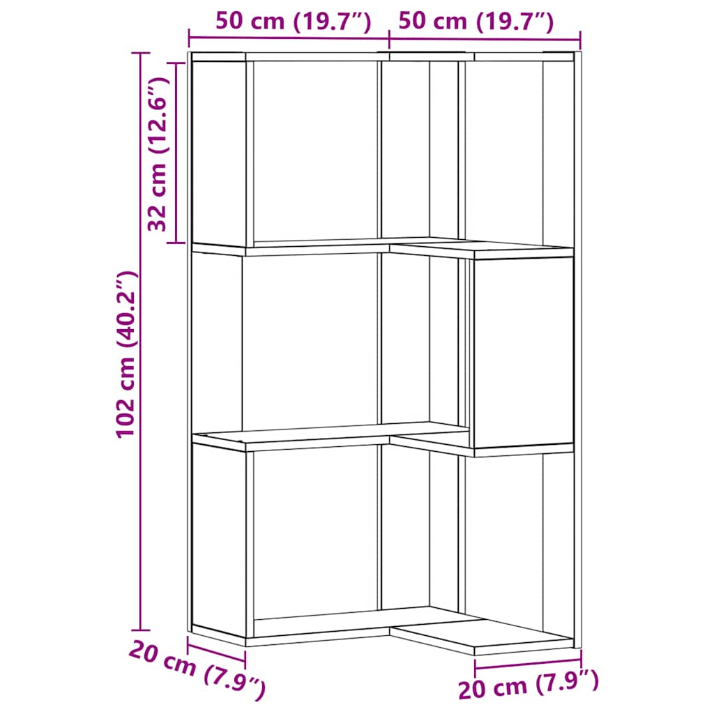 bogreol til hjørne 50x50x102 cm 3 hylder konstrueret træ egetræ