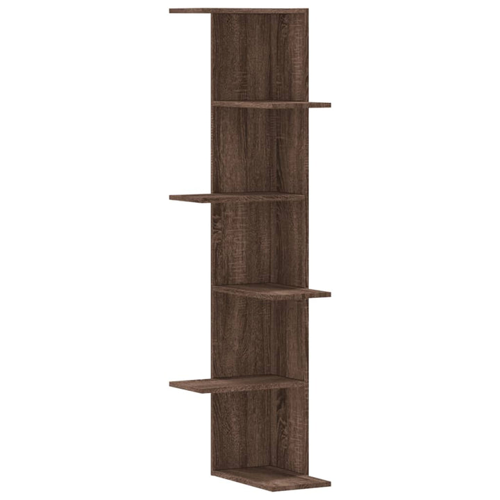 væghængt hjørnehylde 36,5x36,5x140 cm konstrueret træ brunt eg