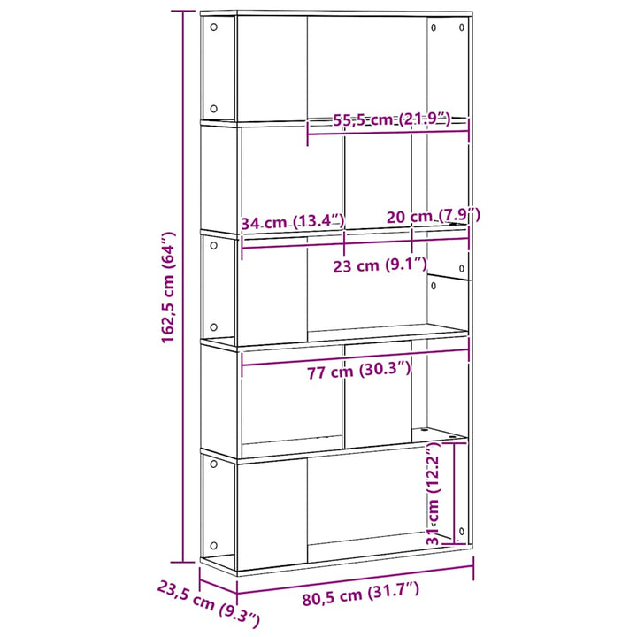 bogreol 80,5x23,5x162,5 cm 5 hylder konstrueret træ eg
