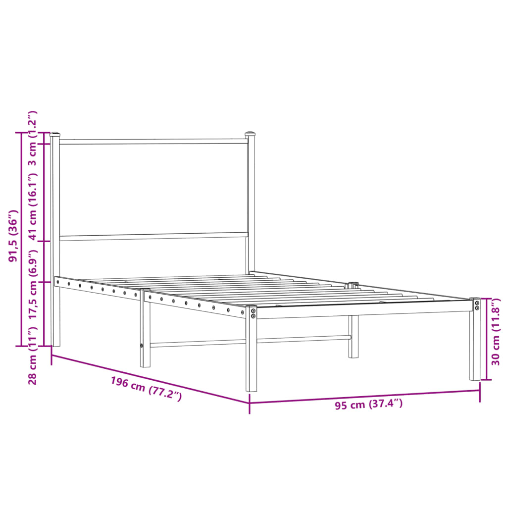 sengeramme 90x190 cm uden madras metal brun egetræsfarve