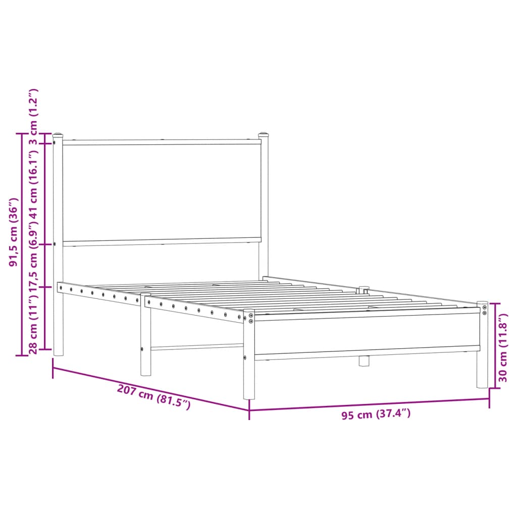 sengeramme uden madras 90x200 cm metal røget egetræsfarve