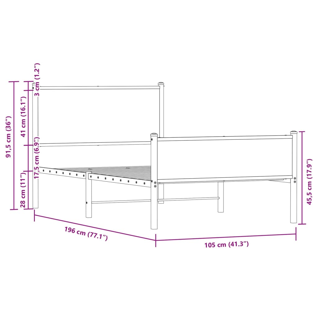 sengeramme 100x190 cm uden madras metal brun egetræsfarve