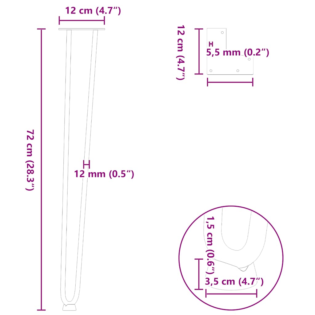 hårnåleben til konsolborde 4 stk. sort 72 cm massivt stål