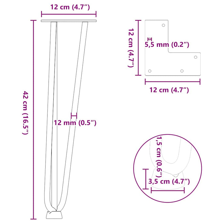hårnåleben til sofabord 4 stk. hvid 42 cm massivt stål