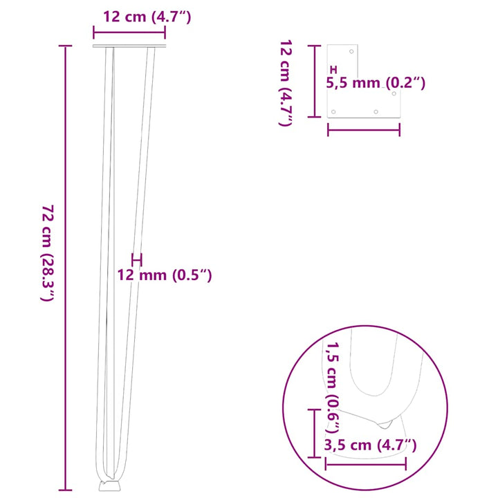 hårnåleben til konsolborde 4 stk. hvid 72 cm massivt stål