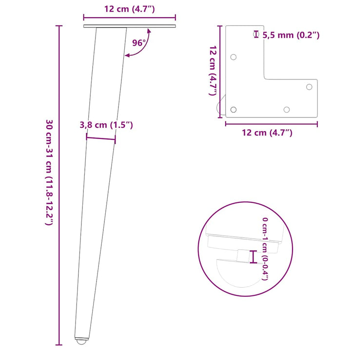 sofabordben konisk form 4 stk. sort 30-31 cm stål