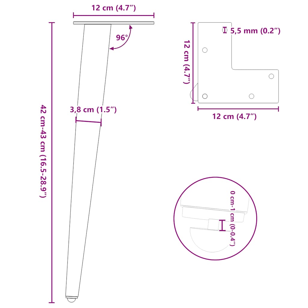 sofabordben konisk form 4 stk. antracit 42-43 cm stål