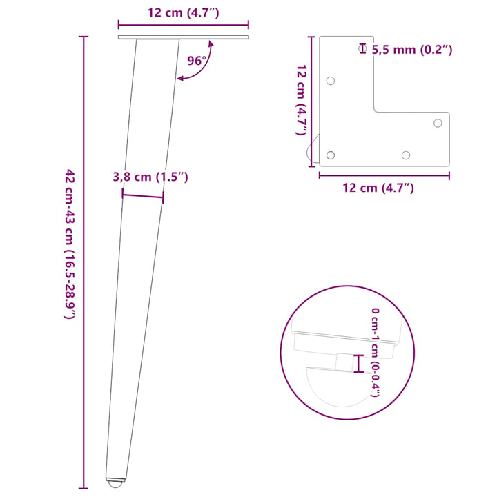 sofabordben konisk form 4 stk. antracit 42-43 cm stål