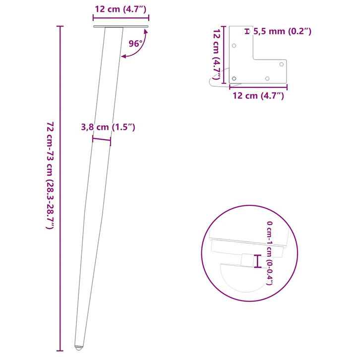 konsolbordben konisk form 4 stk. sort 72-73 cm stål